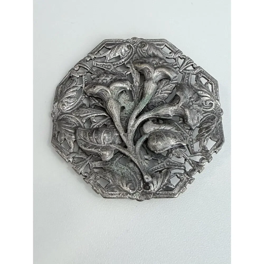 Vintage Art Nouveau Floral Octagon Silver Pewter Tone Brooch
